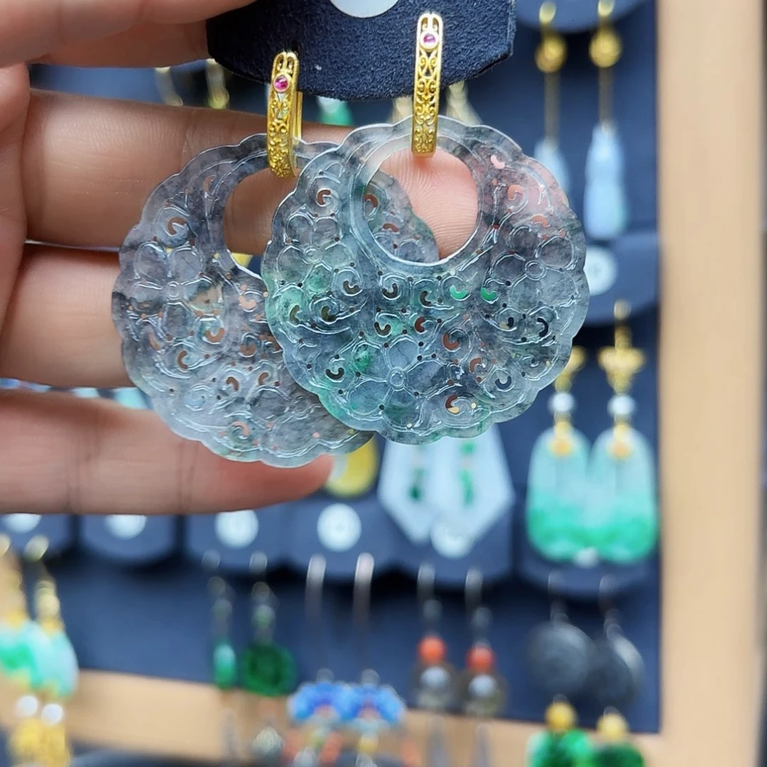 鱼***淼翡翠银S925镶嵌耳饰翡翠