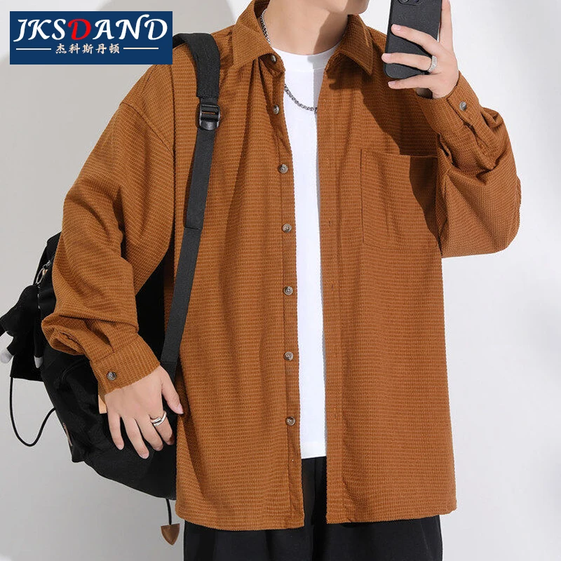 Jiekesi·dandun春款纯色玉米粒灯芯绒长袖衬衫男款日系宽松大码