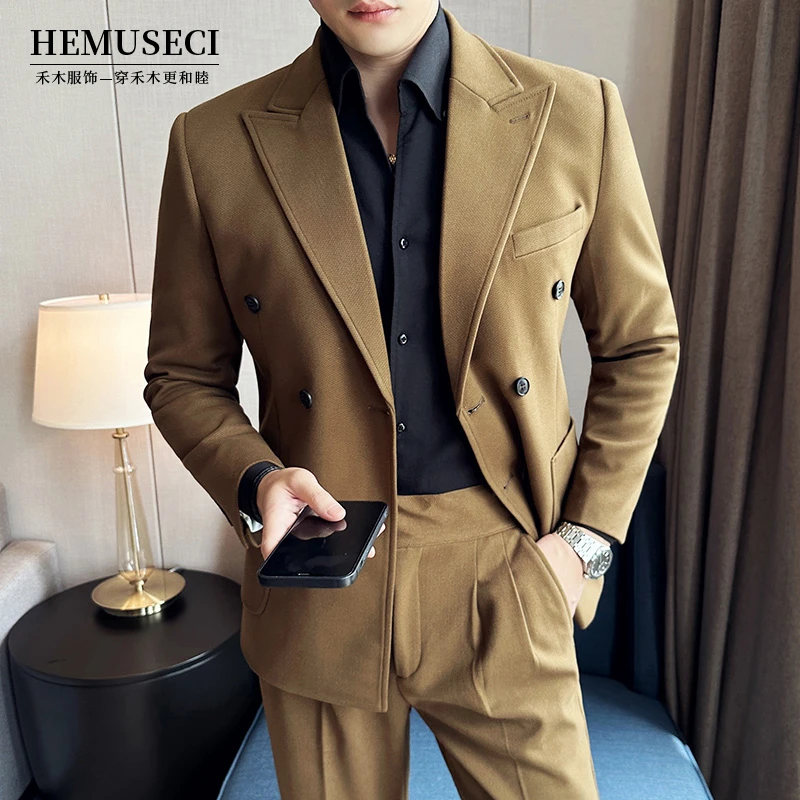 高端男士四季西服套装商务潮流外套修身休闲正装轻熟英伦风双排扣