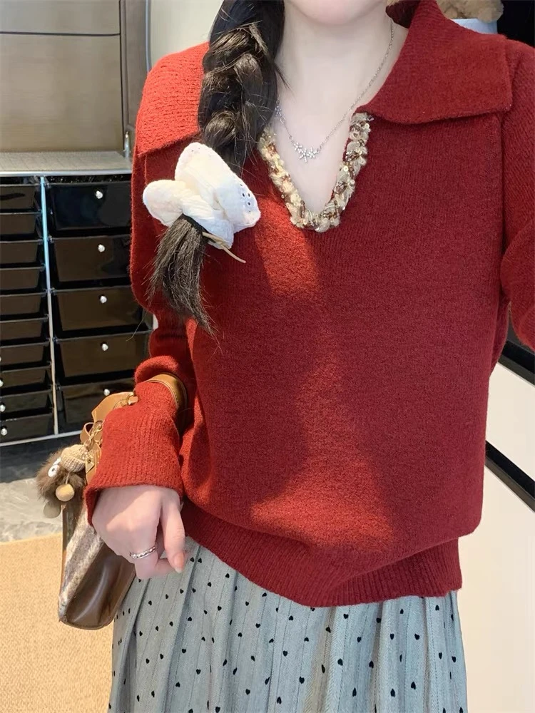 3003#重工亮片翻领羊绒针织衫女冬装新款欧货女装加厚毛衣潮