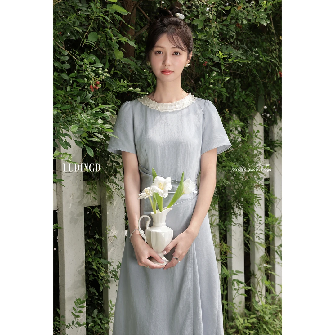 《粉丝福利》鹿盯盯微胖大码女装胖mm法式蓝色短袖连衣裙女夏季显瘦