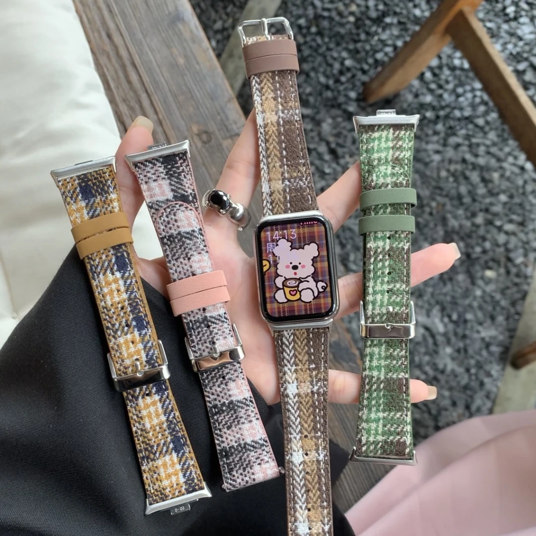 彩色毛呢韩系格纹秋冬皮质表带适用s10代applewatch9苹果手表SE76