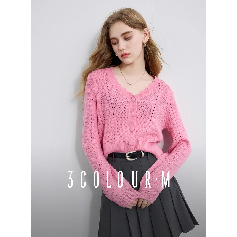 三彩2025春季新款绵羊毛针织开衫V领显瘦上衣灯笼袖镂空毛衫M
