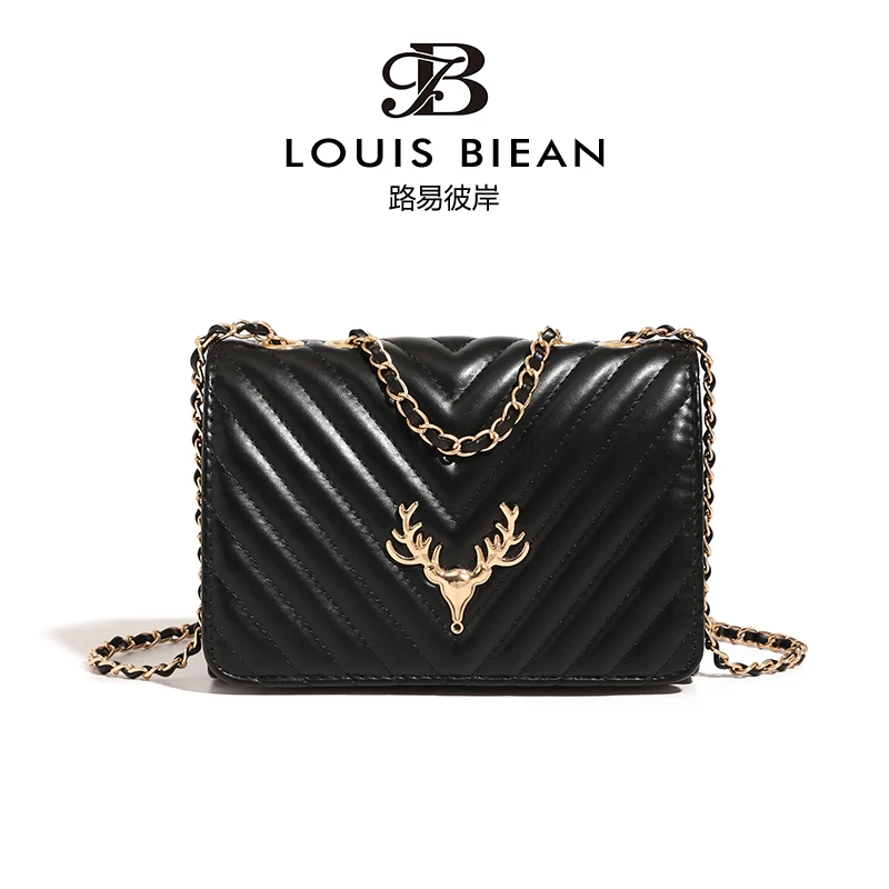 路易彼岸小鹿新款菱格链条单肩斜跨包高级质感9081黑色