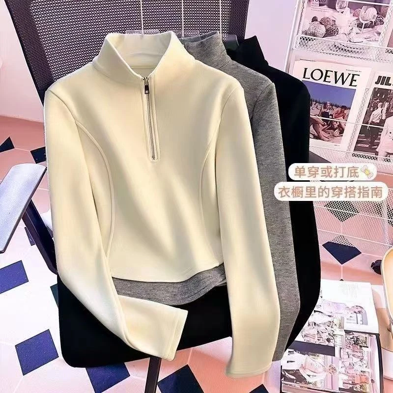 半高领假两件上衣女秋冬卫衣短款半拉链立领保暖加厚拼接长袖t恤