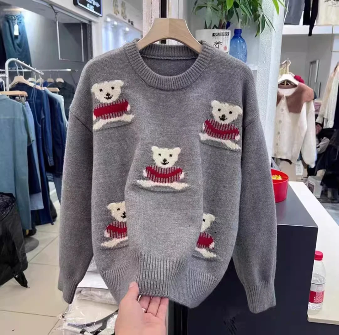 【小熊-灰】提花卡通图案圆领长袖针织衫百搭显瘦套头打底衫毛衣