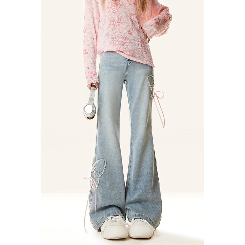 自然涩蝴蝶刺绣微喇牛仔裤女春季穿搭高腰直筒阔腿裤洋气女款裤子
