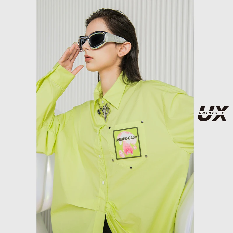 UX 2025春长袖新款艺术联名解构衬衫女黄绿色时尚小众宽松上衣yc