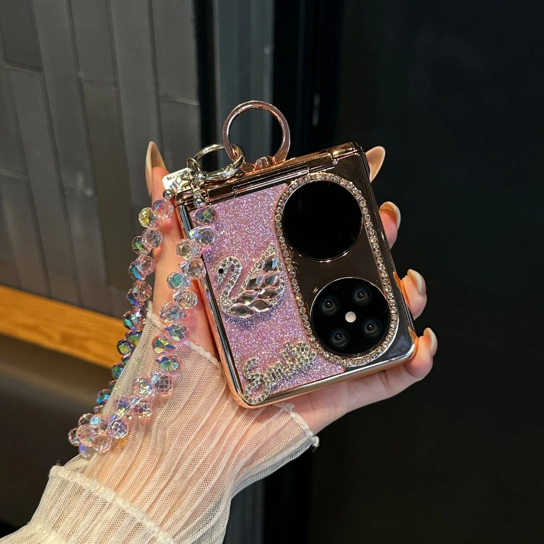 适用华为p50 pocket 2手机壳折叠屏千金风闪钻天鹅全包闪粉保护套