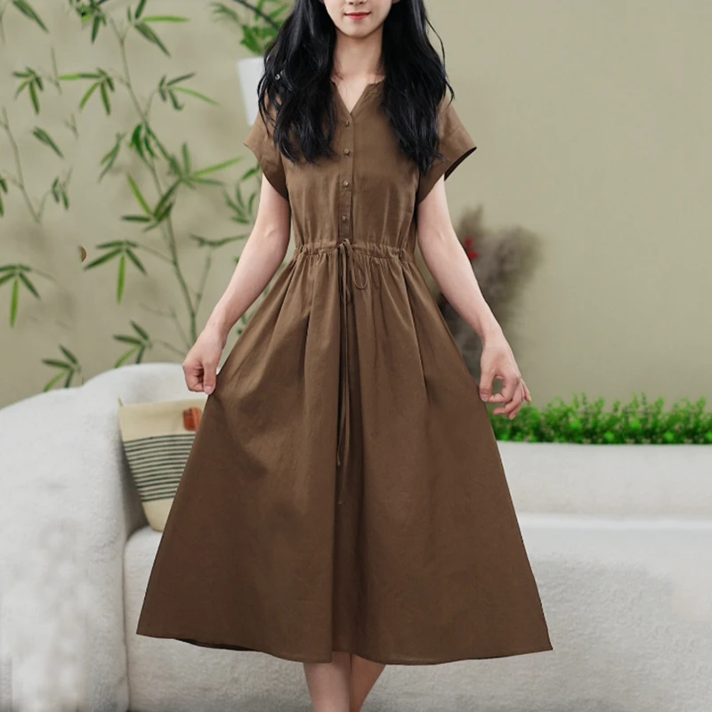 夏季简约百搭纯色棉麻短袖连衣裙女中长款宽松显瘦收腰A字裙子999