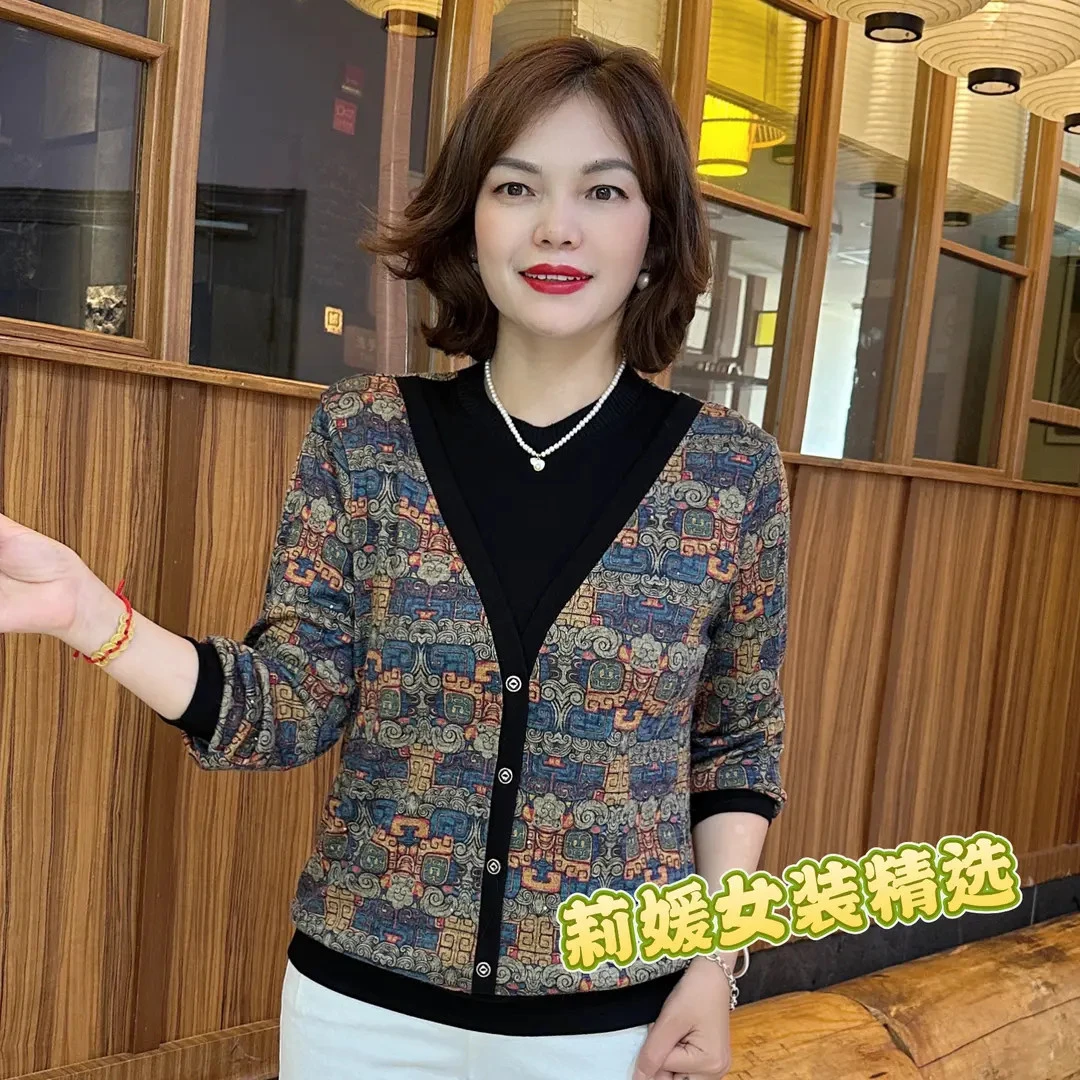 秋季新款时尚假两件设计洋气妈妈装宽松显瘦百搭长袖上衣 A6687-8