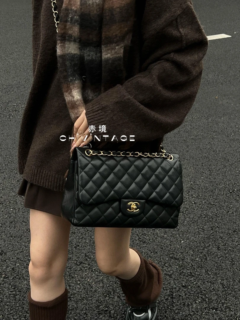 95新 Chanel/香奈儿 8592 黑金羊皮菱格纹cf jumbo单肩包斜挎包14