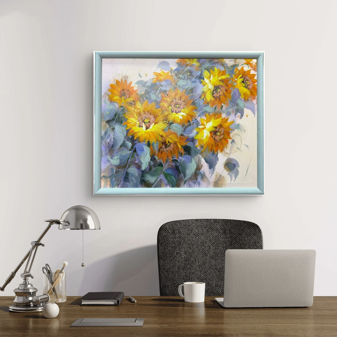 【金客隆油画】手绘油画50cm*60cm书房卧室餐厅花卉带框横版-向日葵