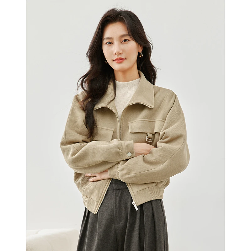 梵希蔓卡其翻领夹棉加厚工装外套女秋冬短款夹克上衣M6037/M5129