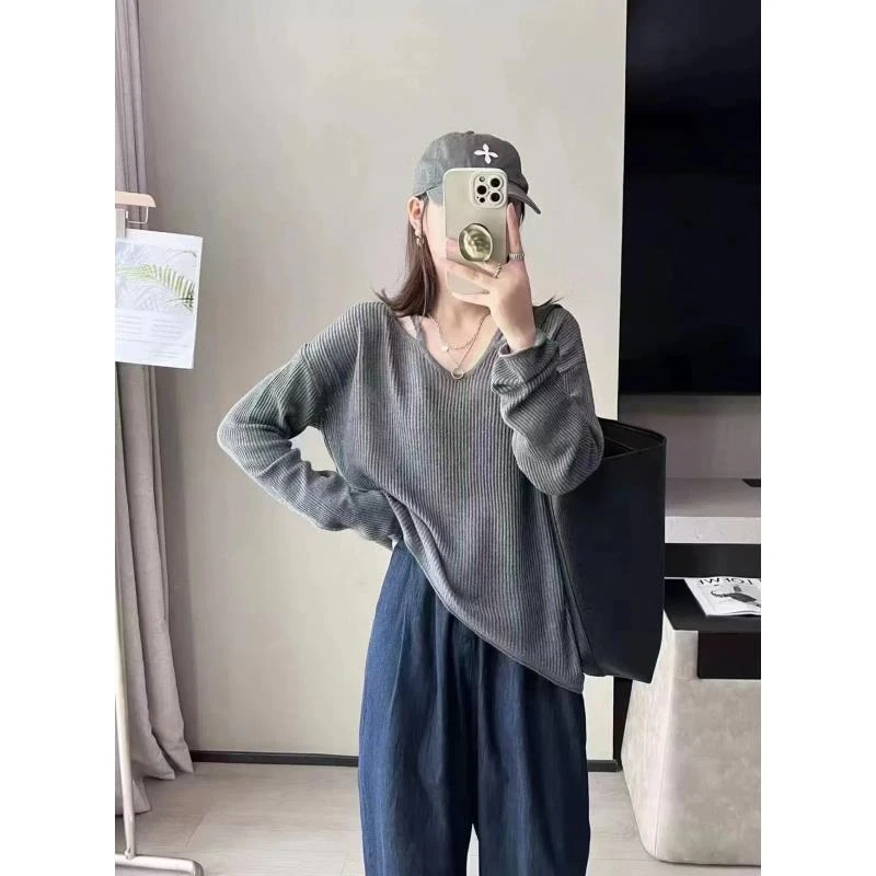 长袖小众纯色百搭针织上衣 7786