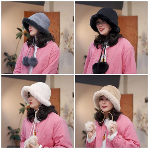 冬季帽子女大头围显脸小盆帽系带毛绒渔夫帽百搭护耳包头帽 2894