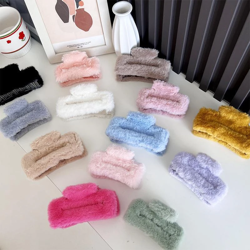 秋冬毛毛发夹黑色方形鲨鱼夹毛绒发抓大号后脑勺盘发抓夹发饰卡子