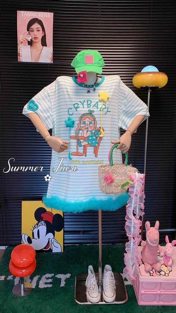 【纯熙+】16933夏季新款条纹拼接蕾丝底摆下午茶哭妞印花T恤裙短袖