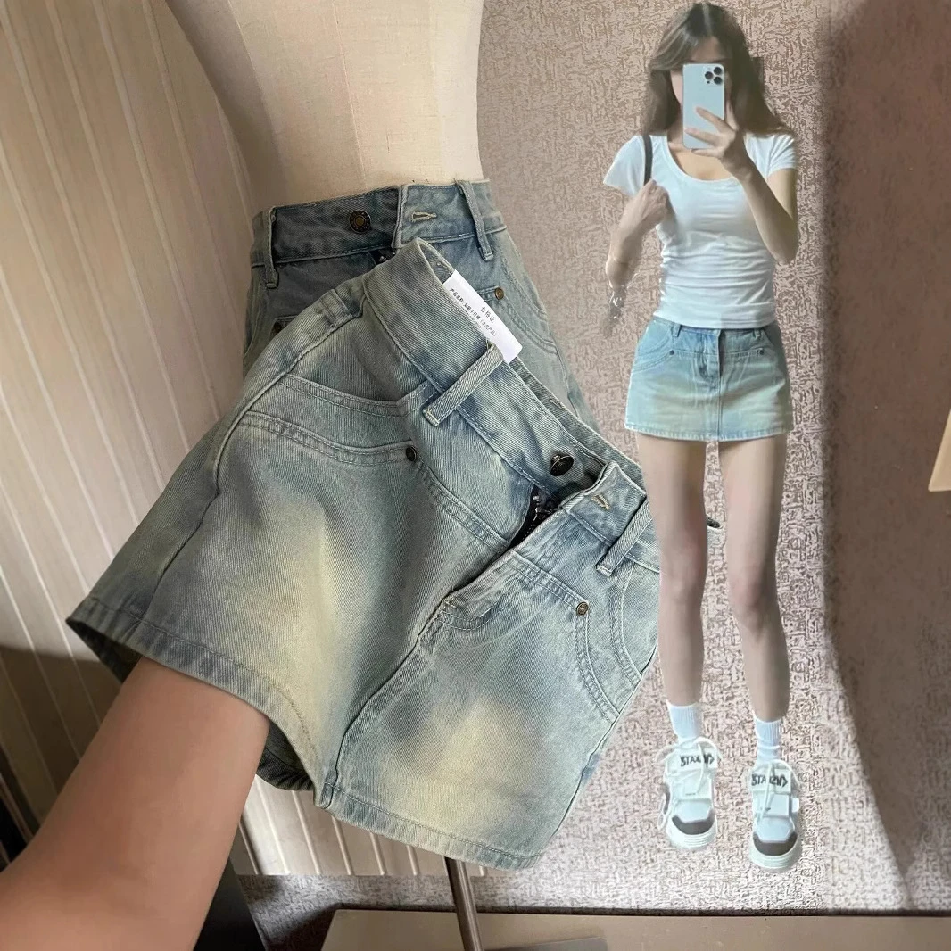 新品美式高腰a字牛仔短裙女2025春夏新款显瘦裙裤辣妹紧身包臀半