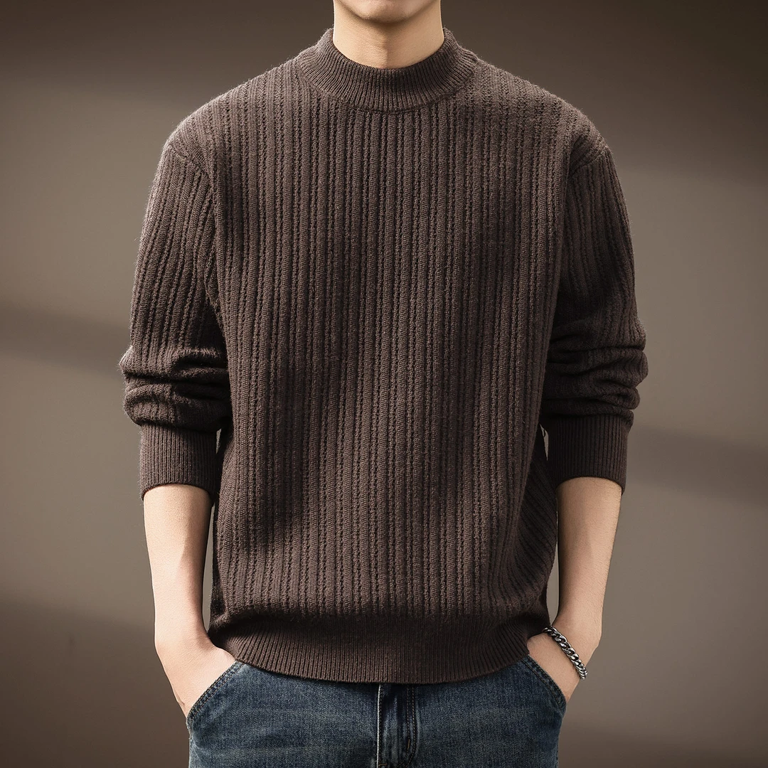 高端老钱风760g重磅半高领毛衣男士复古竖纹肌理感秋冬休闲针织衫