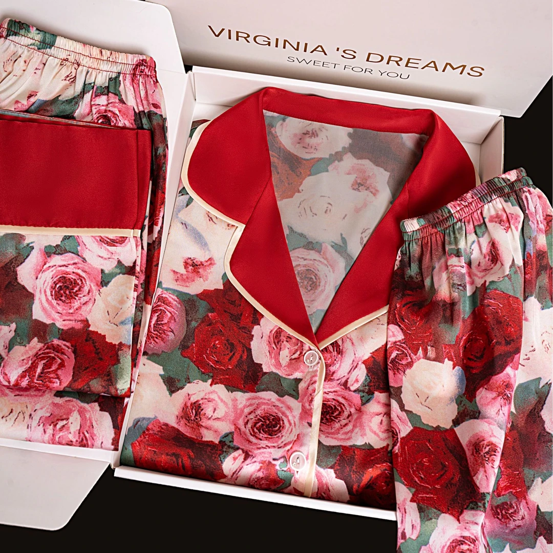 达芬奇密码油画玫瑰2025新品长袖/短袖三件套透气睡衣女士套装