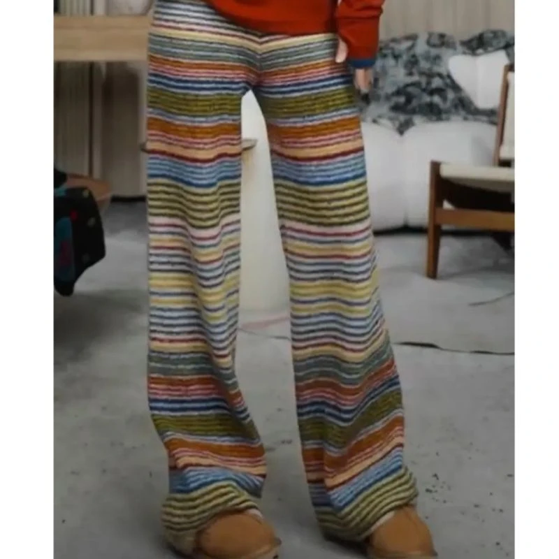 现货～2025秋冬新款条纹彩虹针织裤长裤休闲时尚百搭裤子女潮流