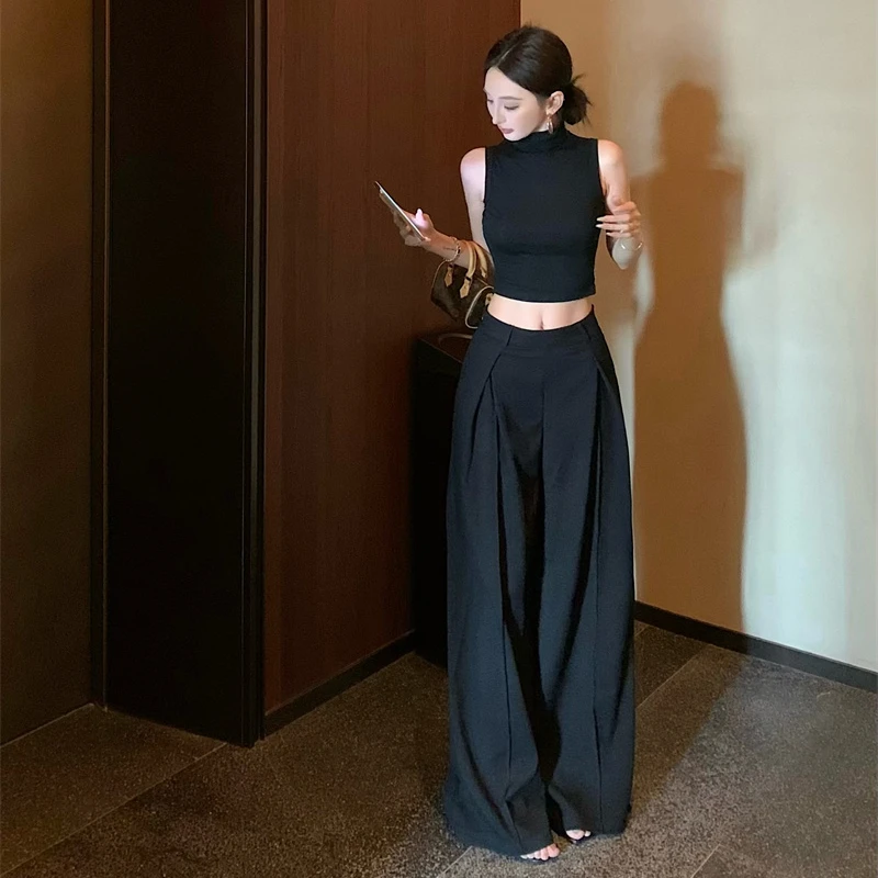 简约气质半高领基础背心上衣女夏季时尚套装阔腿西装裤长裤两件套