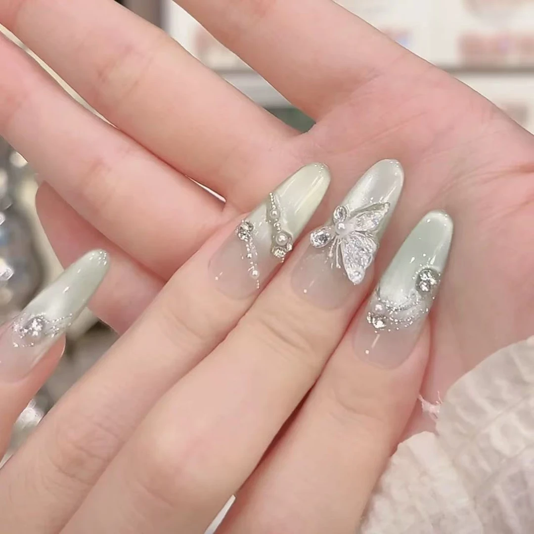 【茉莉】无盒子法式晶石猫眼薄荷蝴蝶手工穿戴甲