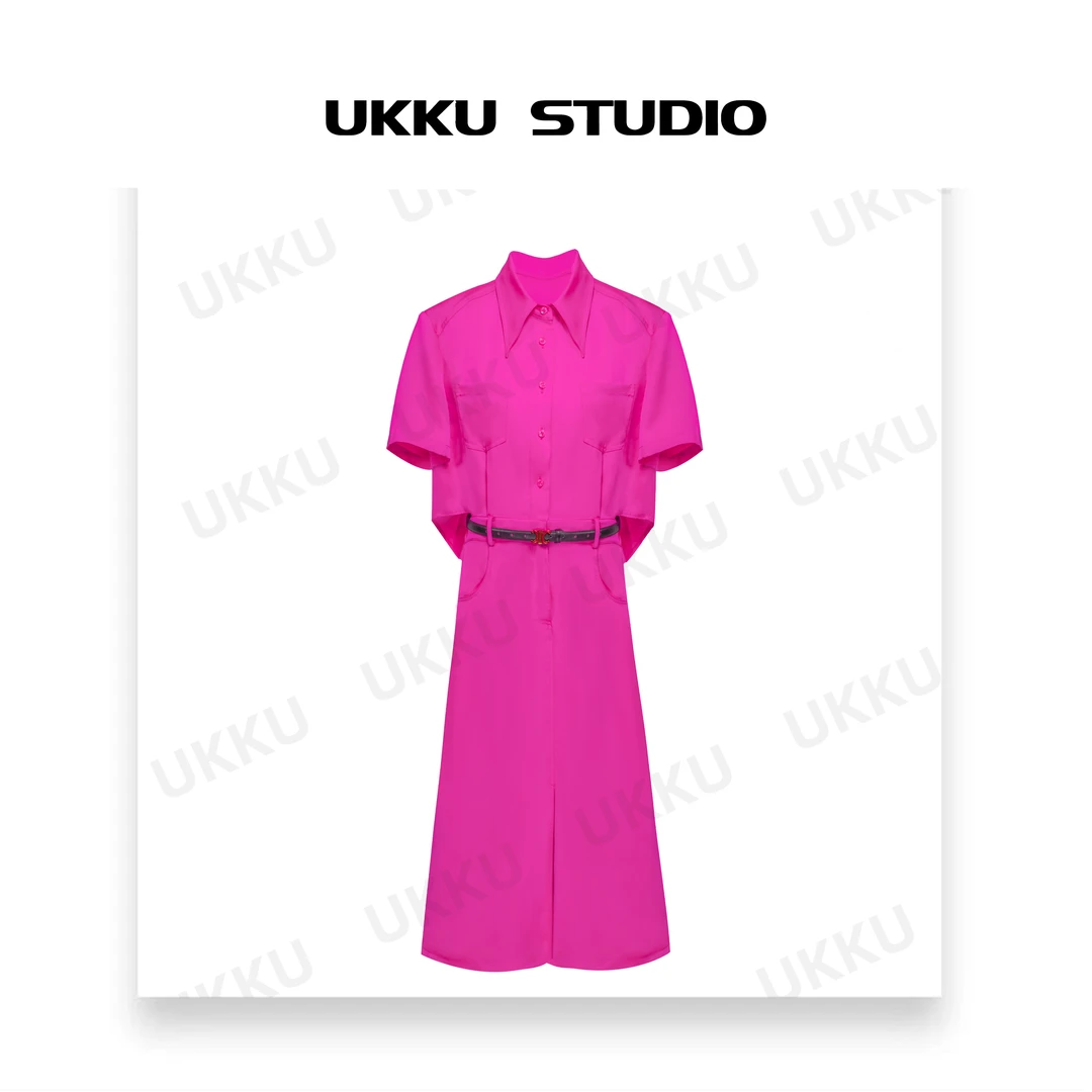 小七【UKKUSKUDIO】纯色休闲时尚百搭衬衣衬衫树莓粉连衣裙312159
