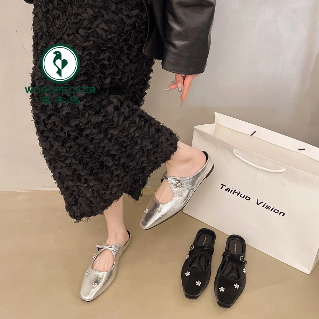 啄木鸟内增高法式包头半拖鞋子女士春夏季新款水钻玛丽珍凉拖鞋女