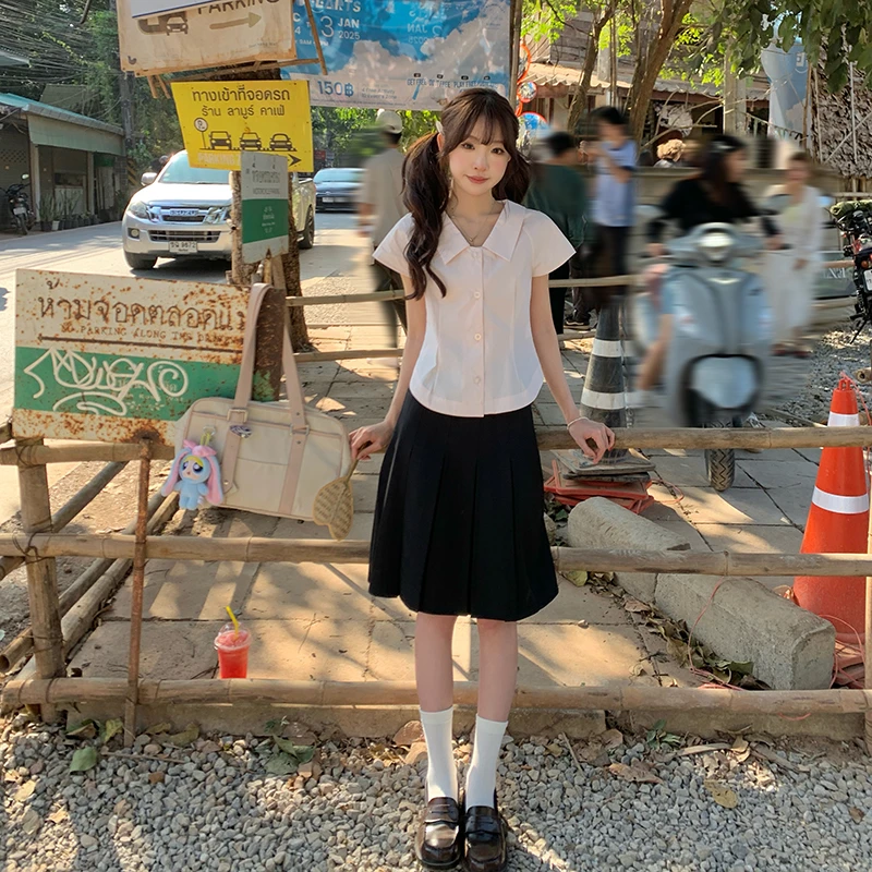 东京岁时记jk水色甜馨甜美减龄粉色短袖修身翻领衬衫黑色半裙套装