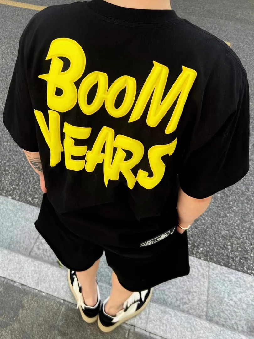 特大码300斤黑色男短袖T恤2025夏季纯棉宽松字母印花半袖潮牌ins