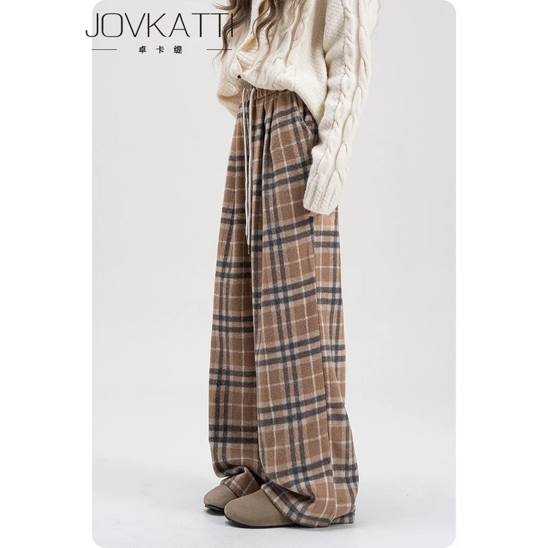 棕色弹力腰格纹阔腿裤秋季新款慵懒风高腰宽松直筒休闲裤休闲裤女