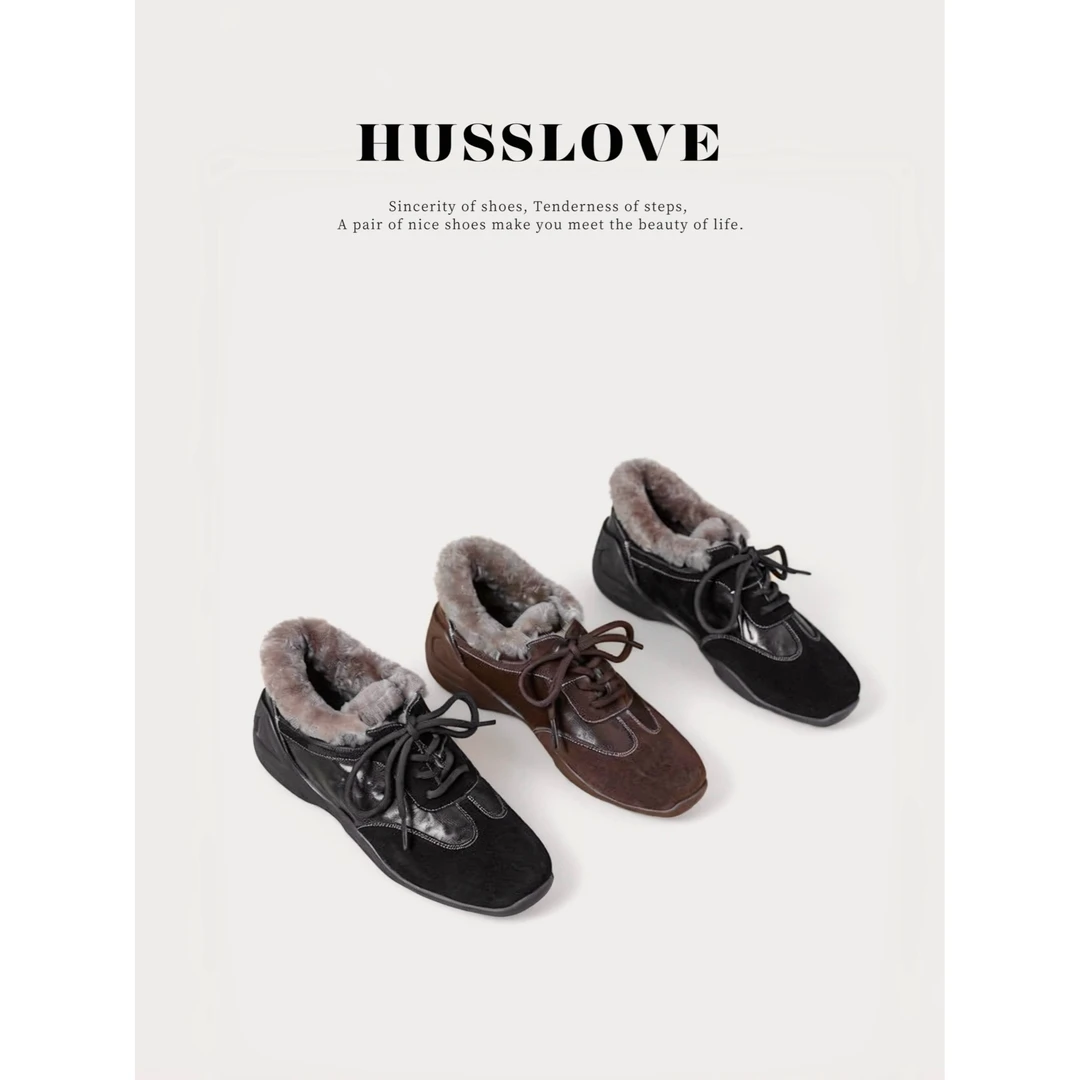 HUSSLOVE 头层羊皮+羊猄·跟高4CM·冬季系带羊羔毛休闲德训单鞋