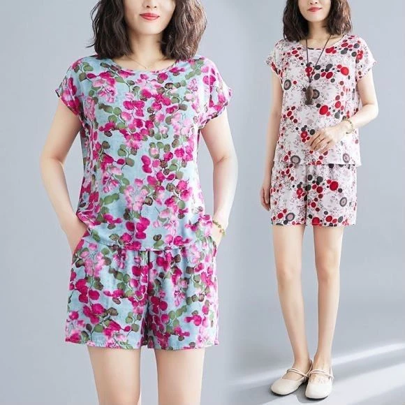 夏季新款棉绸套装女时尚宽松外穿休闲薄款人造棉短袖短裤两件套潮