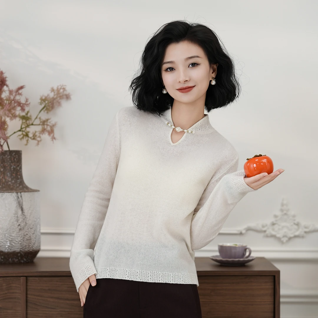 西子/【冬雪】100羊毛新中式气质温柔盘扣白色针织衫/MSBH2494
