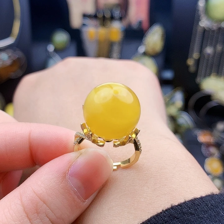 琥珀裸石银S925镶嵌戒指