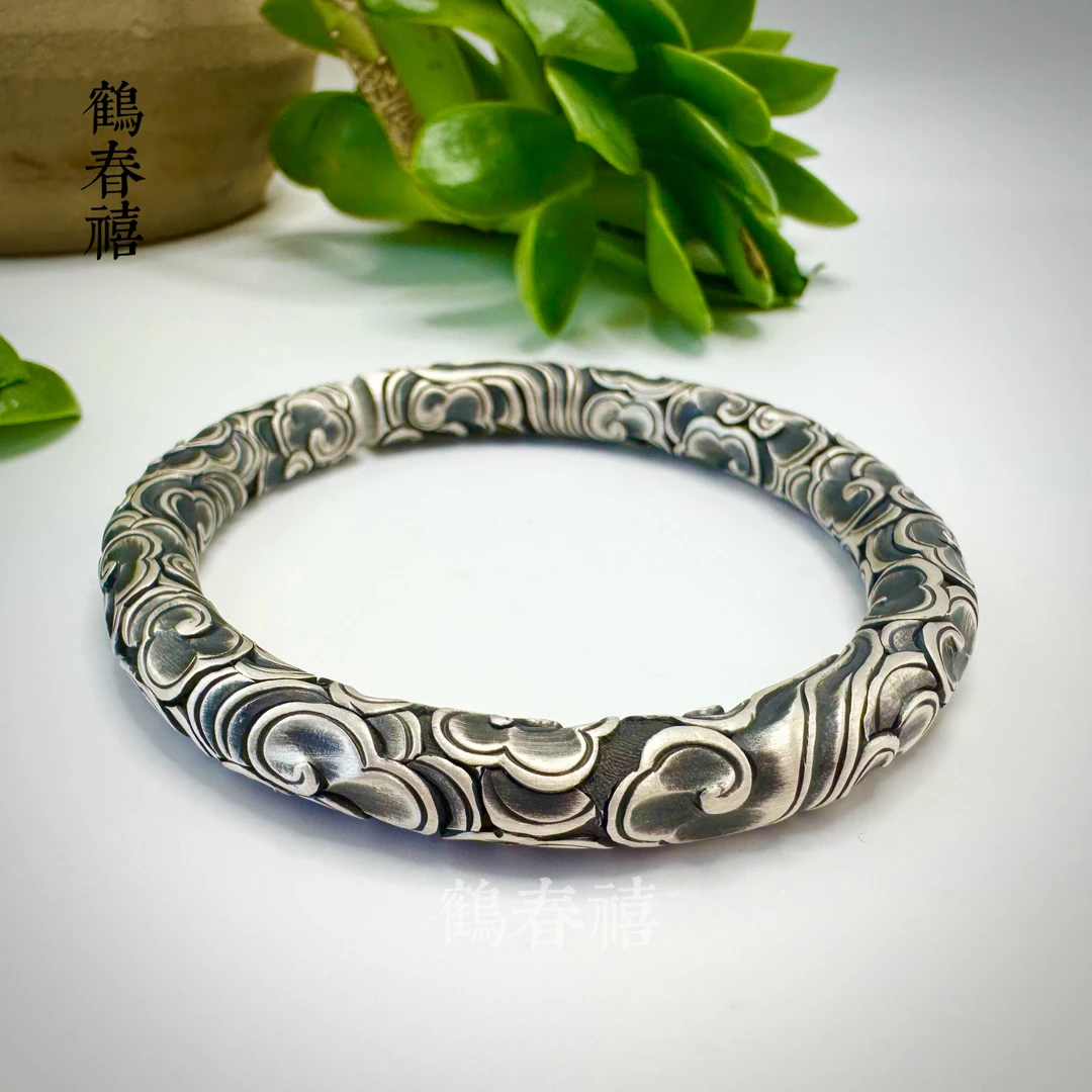 足银手镯 祥云定海神针  足银999精工满雕复古实心开口镯