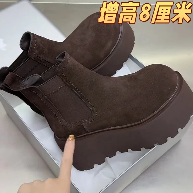 欧洲站厚底松糕切尔西靴子女鞋子增高马丁靴磨砂时尚烟筒靴短靴潮