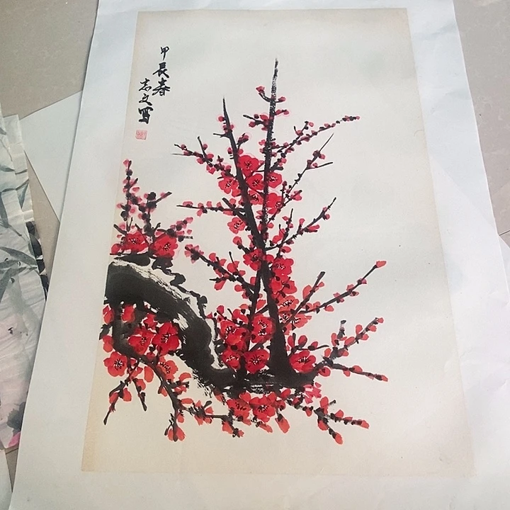 国画四尺三开手绘花鸟作品
