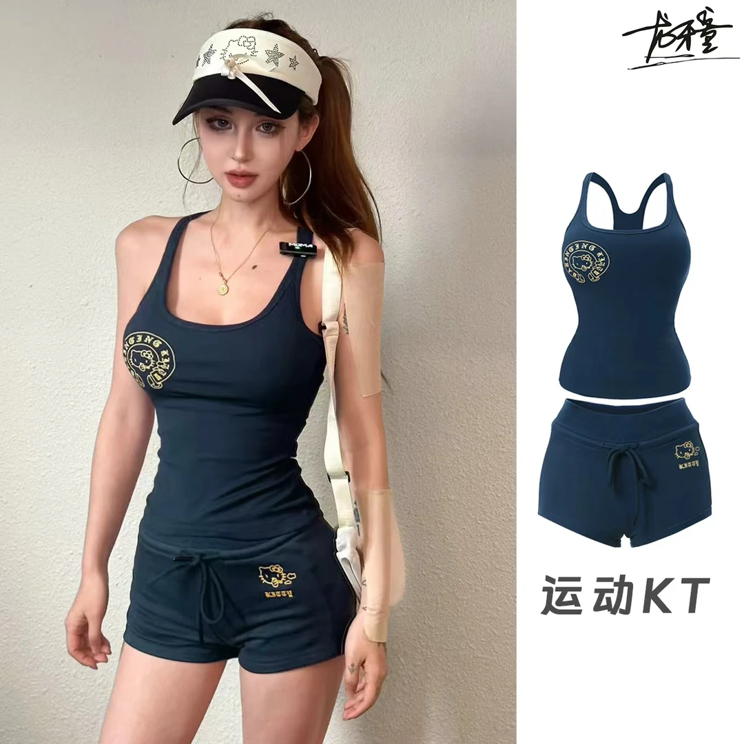 龙牙童推荐【运动kt】短裤休闲运动两件套显瘦修身印花黑色超短裤