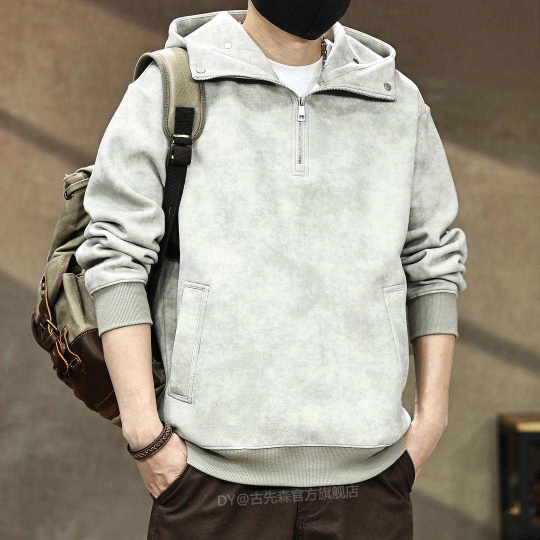 美式高端做旧脏染印花连帽卫衣男秋季新款宽松半拉链重磅350g外套