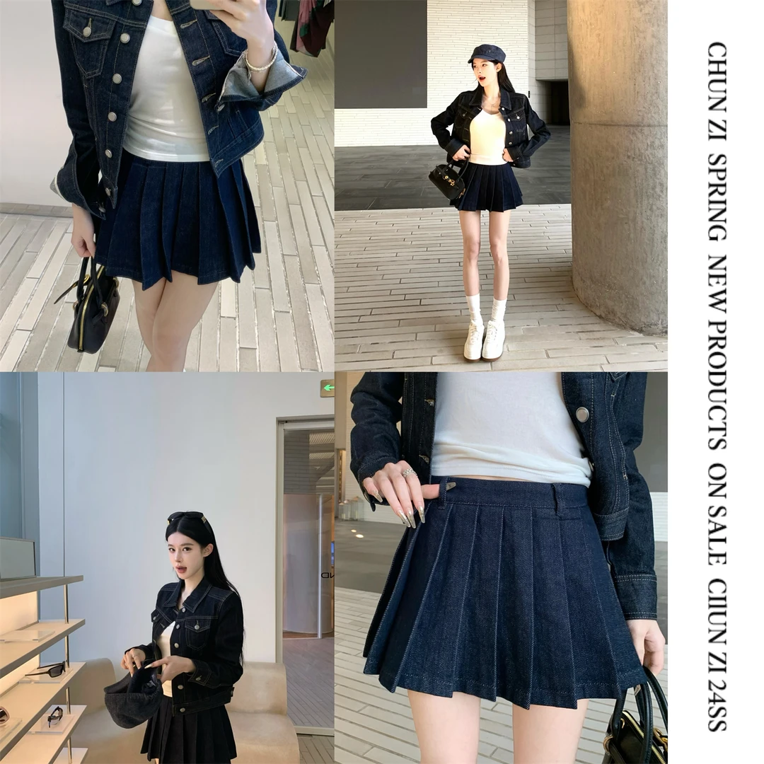 【CHUN ZI】25春夏 百搭减龄原色中高腰牛仔百褶短裙