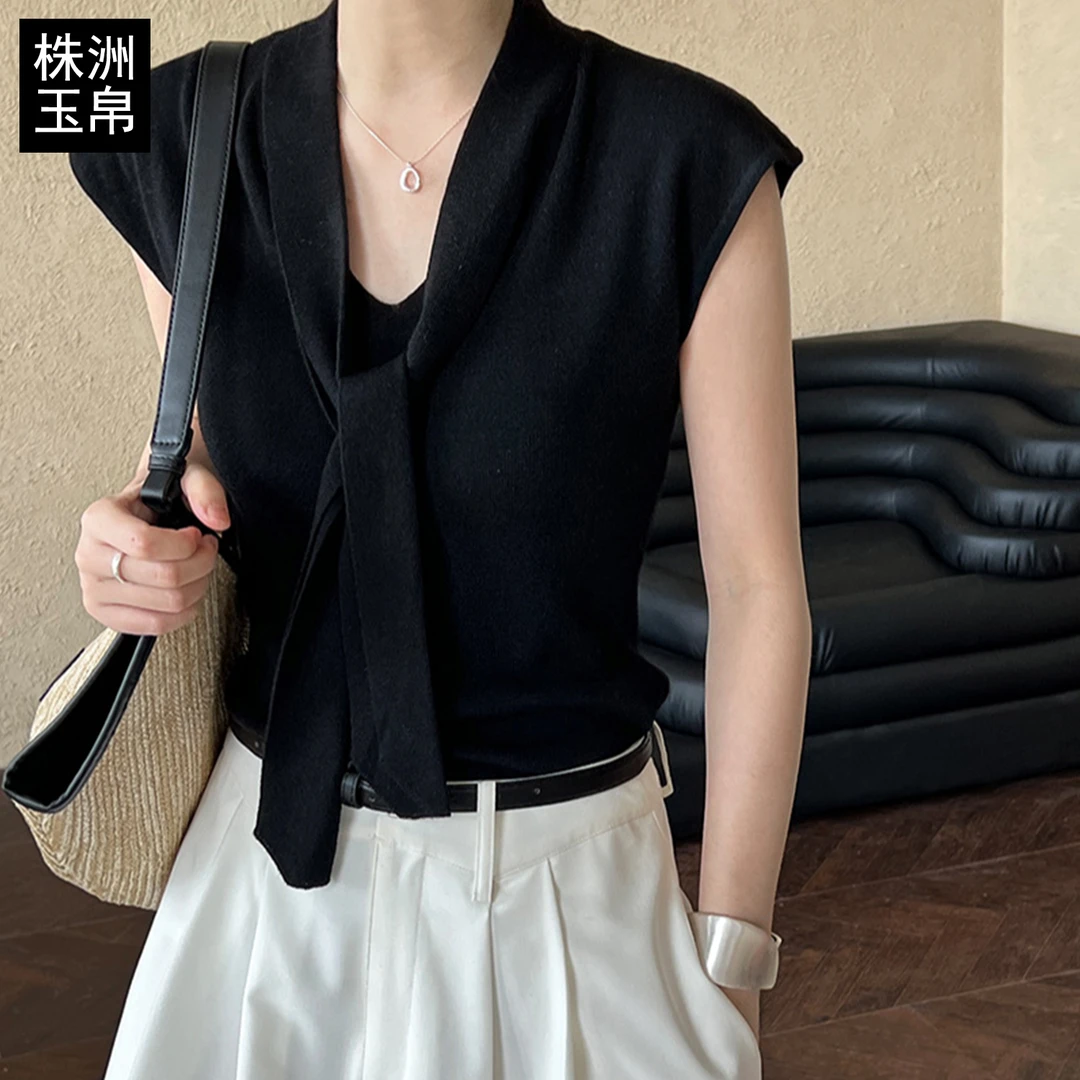 设计师款披肩飘带针织衫短袖女夏季新款V领系带假两件上衣修身