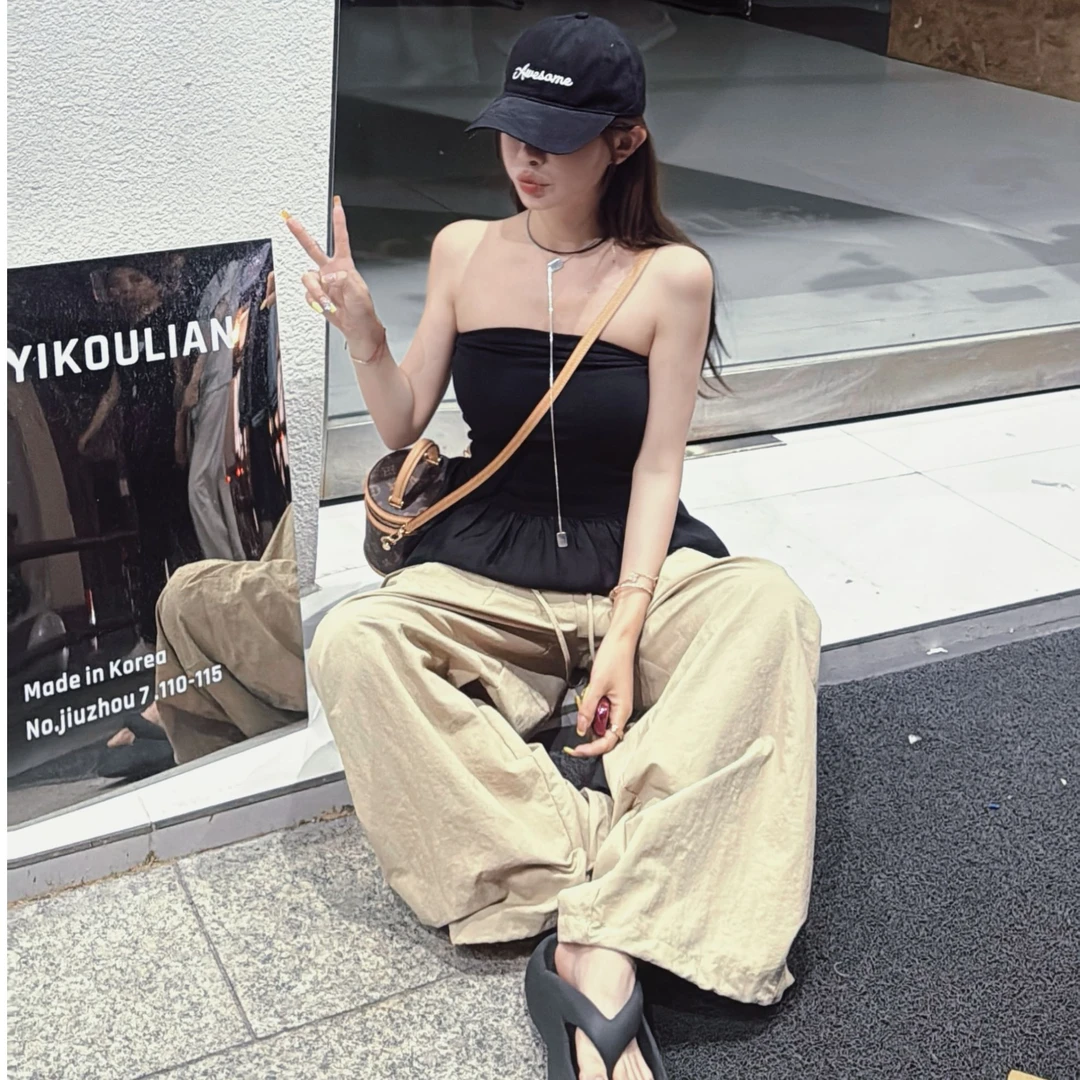 【YKL】生椰拿铁  黑色抽褶花边下摆抹胸/卡其抽绳侧口袋工装裤