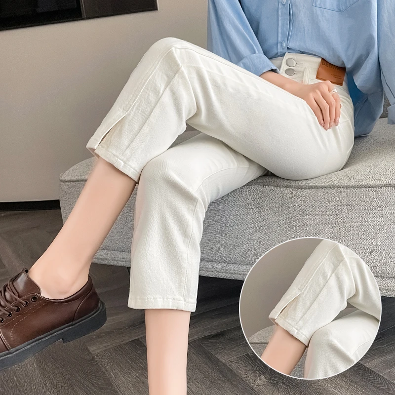 白色窄版直筒牛仔裤女2025春季新款高腰显瘦弹力烟管九分法棍裤子