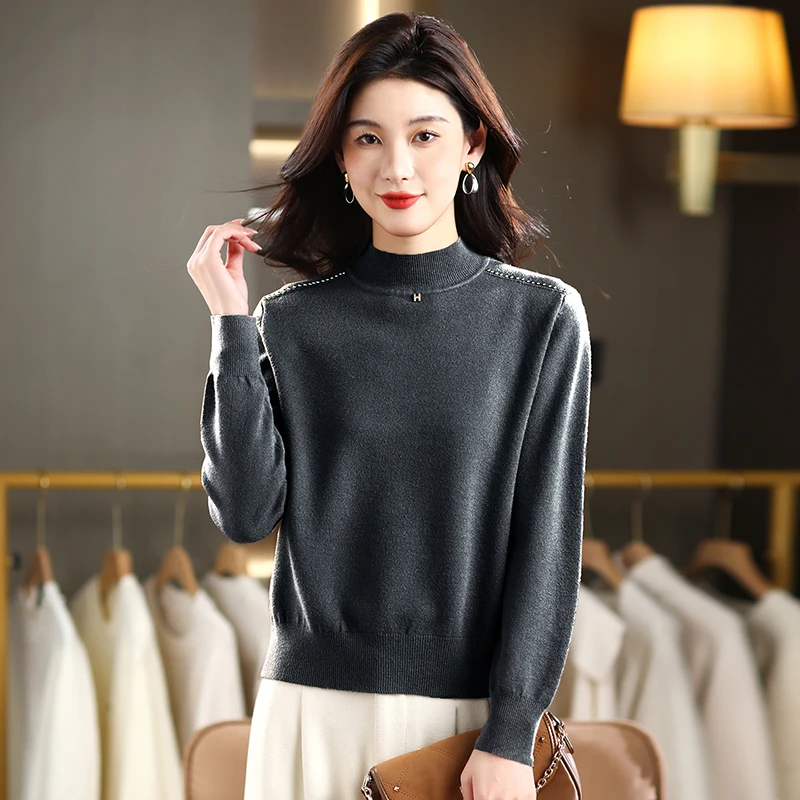 正品2025冬季新款纯色半高领字母插肩袖针织衫时尚洋气百搭设计感