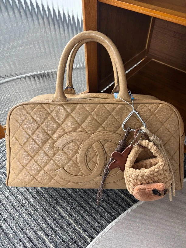 95新 Chanel/香奈儿 奶茶色荔枝纹希尔顿手提包Ss