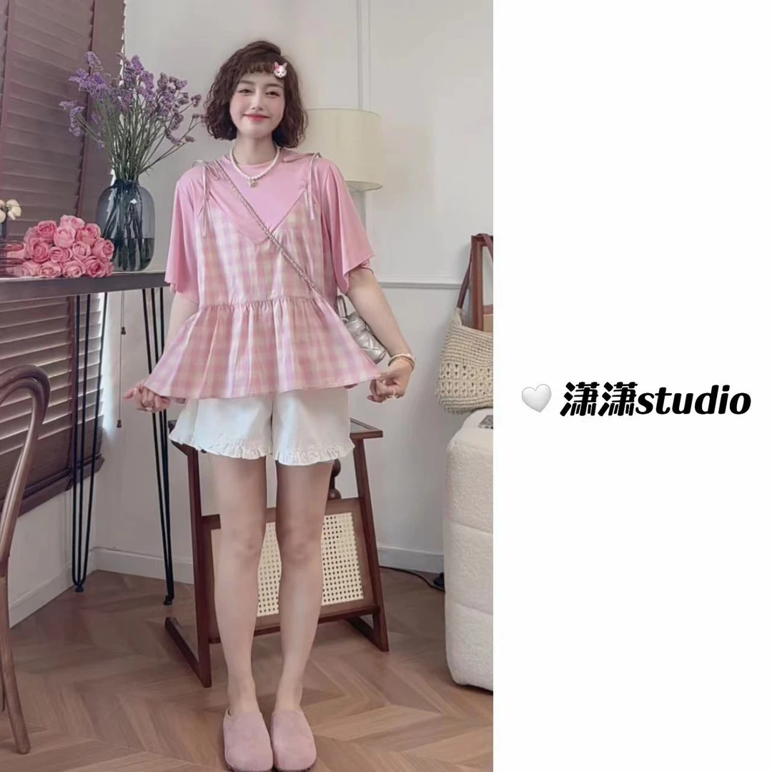 【蜜桃味夏天】【遮肚子】【遮屁股】潇潇拼接格子超舒服半袖T恤XS2477