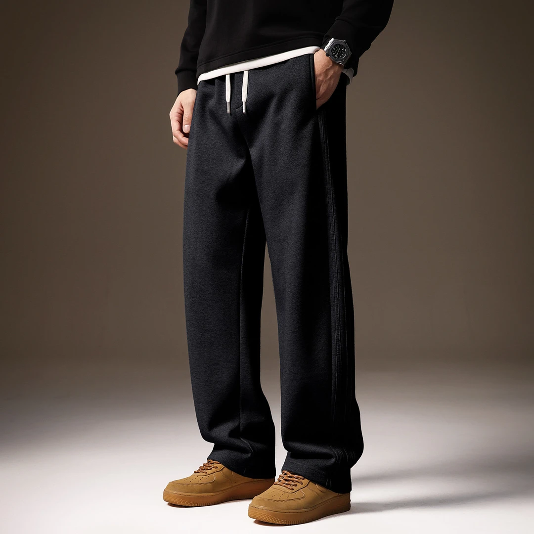 高端重磅简约针垂感织休闲裤男冬季加绒美式条纹阔腿宽松直筒长裤